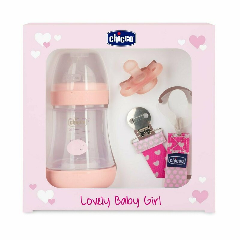 Chicco - set cadou perfect, cu biberon, suzeta, lantisor suzeta, 0 luni+, roz