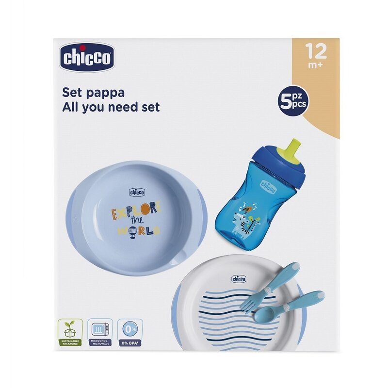 Chicco - Set complet de hranire, 5 piese, Fara BPA, 12 luni+, Albastru