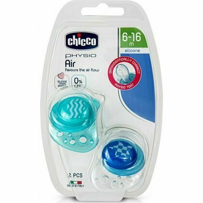 Chicco - Suzete Physio Air, 6-16 luni, 2 buc, Silicon, Albastru