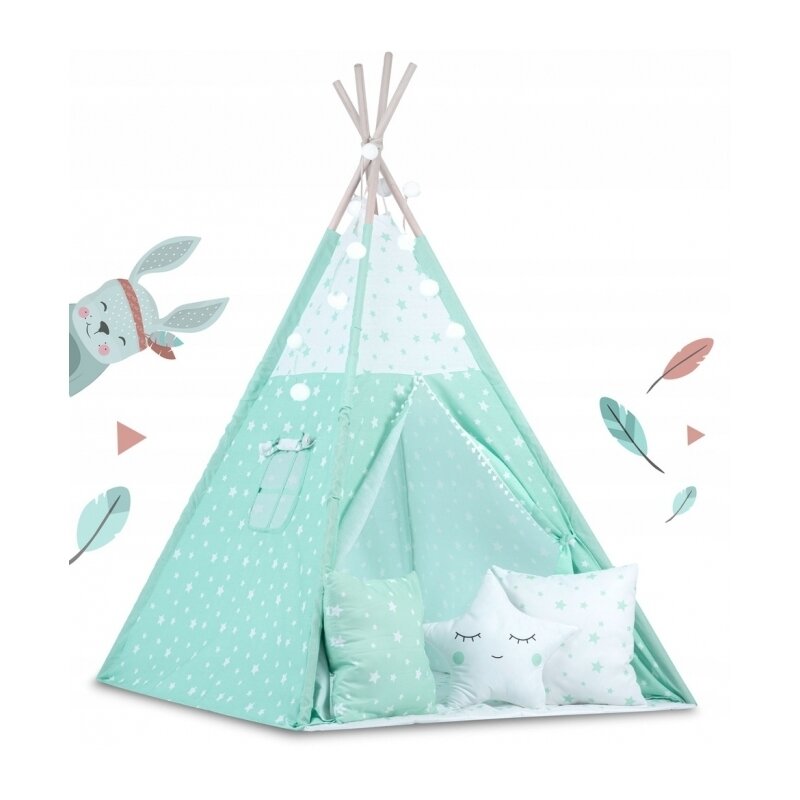 Ricokids - cort de joaca pentru copii cu ghirlanda,lumini si 3 pernite 740004, 120 x 120 x 165 cm - mint