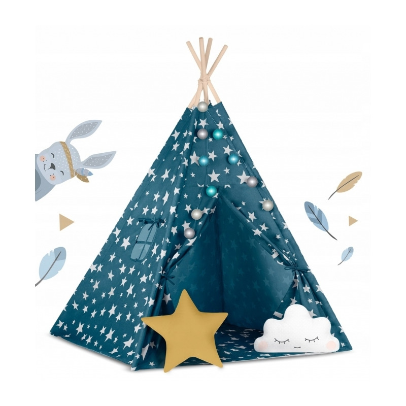 Cort de joaca pentru copii cu lumini si 2 pernite nukido 120 x 120 x 165 cm - bleumarin cu stelute 