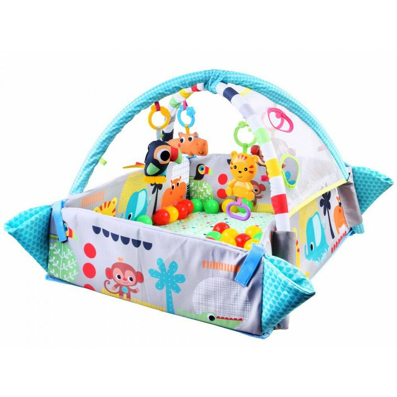 Covoras educational pentru copii, interactiv, multifunctional, 5 in 1, tarc, loc de joaca, cu bile colorate, 106x 97 cm , jokomisiada, albastru