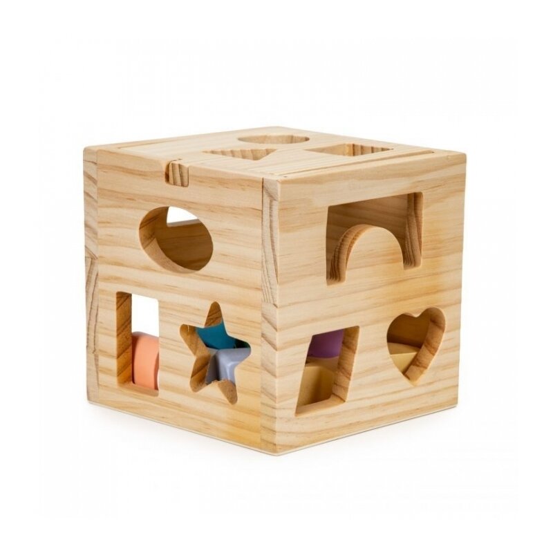 Ecotoys - cub educational cu 12 blocuri din lemn si sortator 2540