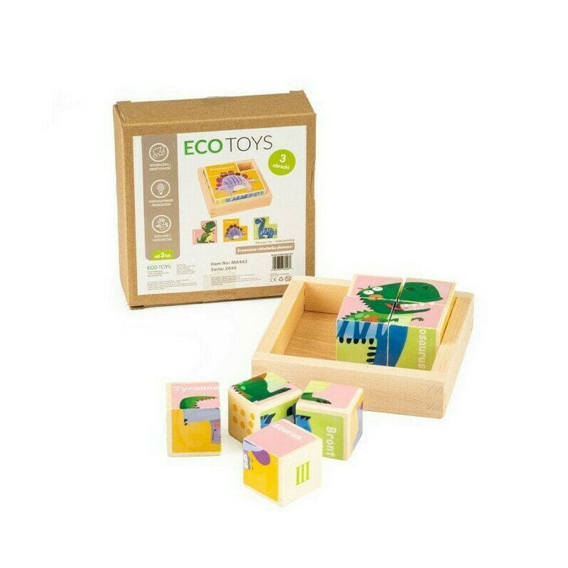 Ecotoys - puzzle din lemn cuburi educationale cu dinozauri