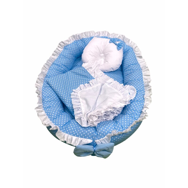 Deseda - cuib baby nest bebelusi cu volanase paturica si pernuta albastru cu buline albe lux