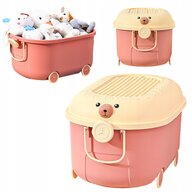 Cutie pentru jucarii, Primabobo, Cu suprafata adaptata blocurilor Lego, maner si roti, Model ursulet, 46 cm, Roz
