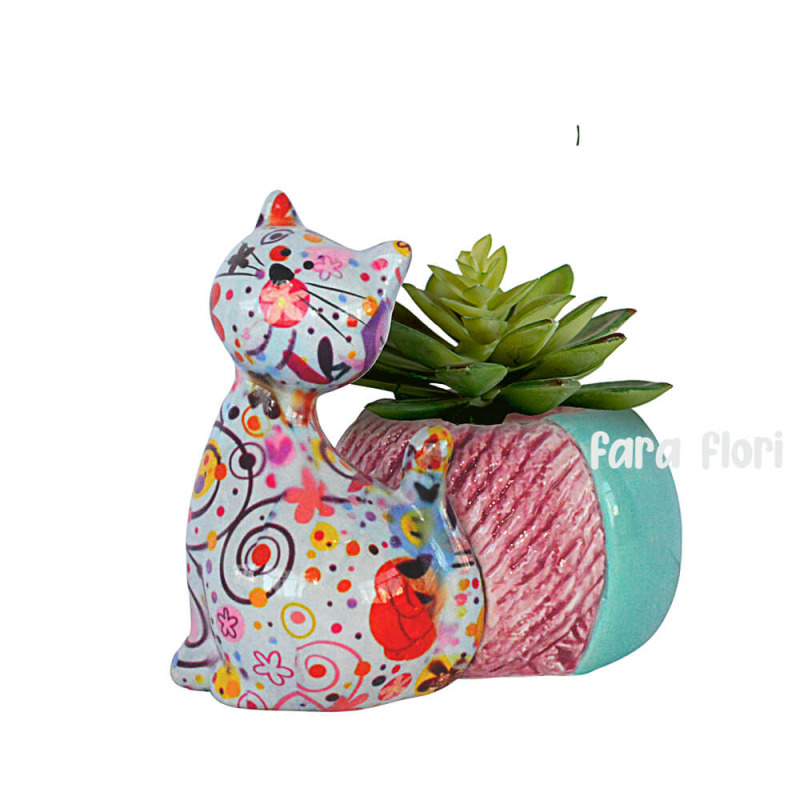 Decoratiune ceramica masca ghiveci Pisica Caramel h12.2 cm