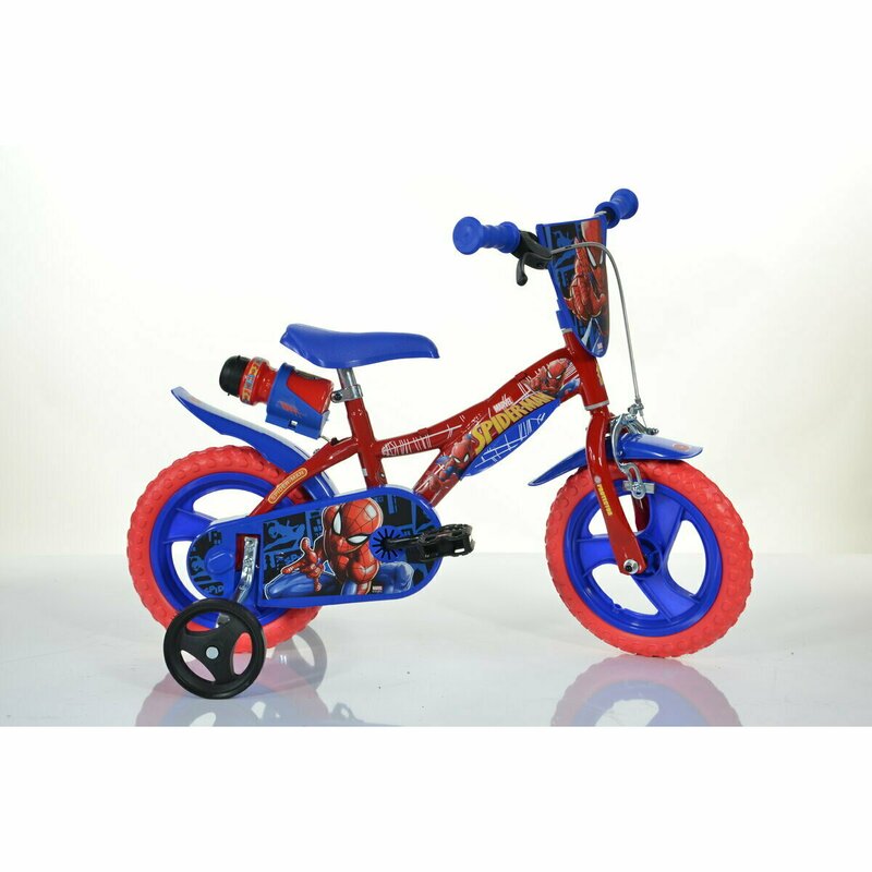 Dino bikes - bicicleta cu pedale , spiderman, 12 , cu roti ajutatoare, rosu