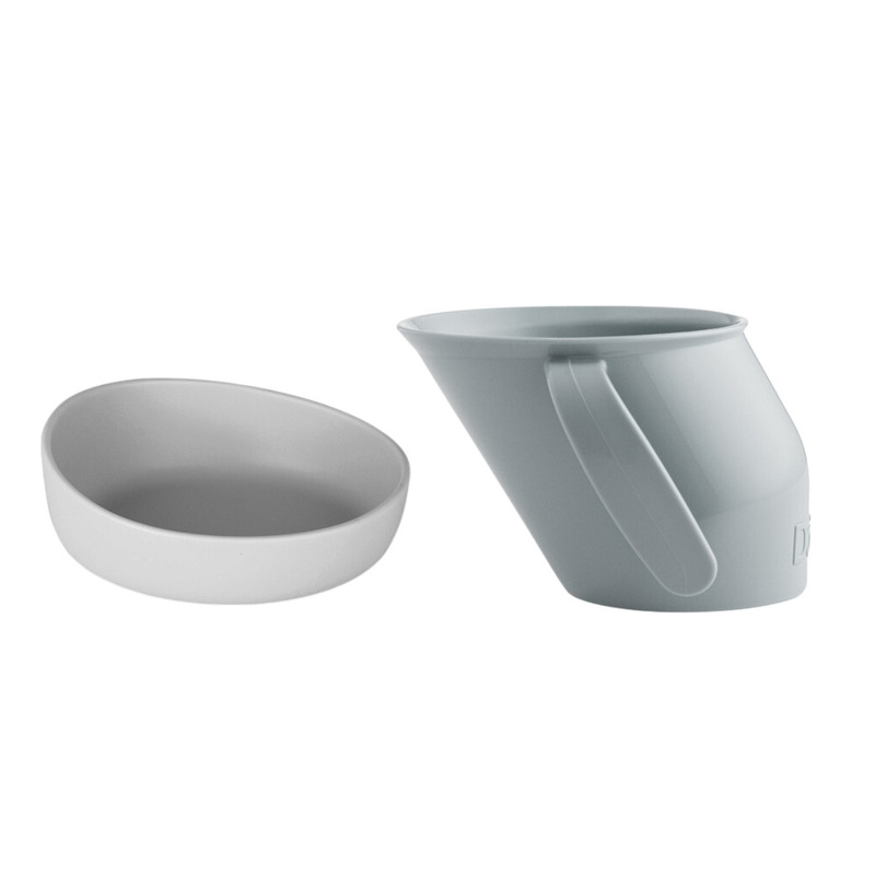 Doidy - set de hranire cu 2 piese, cana inclinata cu manere, fara bisfenol-a, ftalati si pvc si bol inclinat cu ventuza, din silicon, fara bpa. antialunecare, 3 luni+, gri
