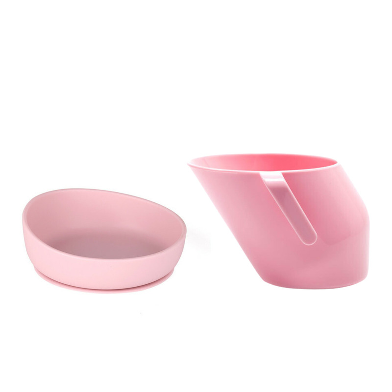 Doidy - set de hranire cu 2 piese, cana inclinata cu manere, fara bisfenol-a, ftalati si pvc si bol inclinat cu ventuza, din silicon, fara bpa. antialunecare, 3 luni+, roz