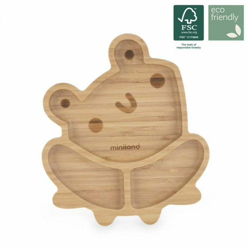 Farfuriuta de lemn compartimentata cu baza silicon frog miniland