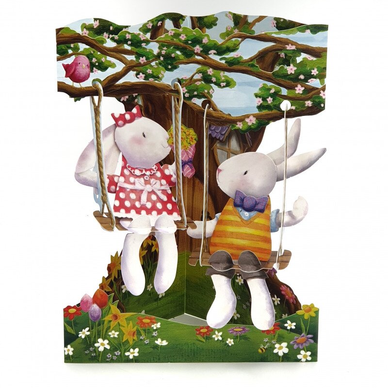 Felicitare 3d swing cards - iepurasi in leagan