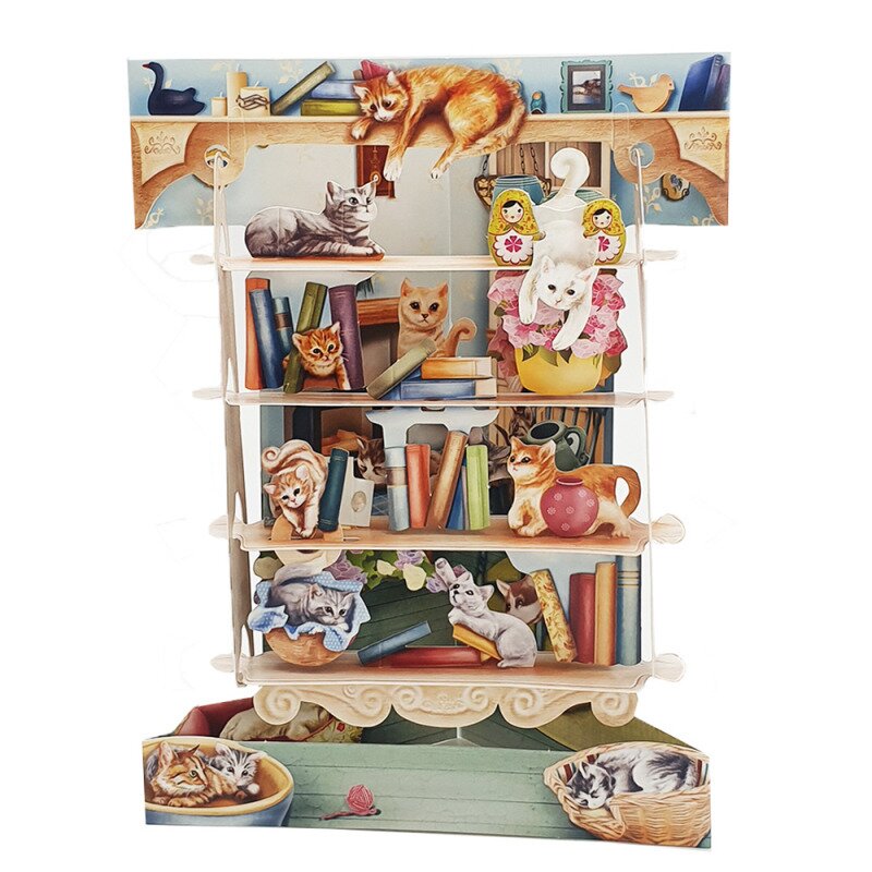 Felicitare 3d swing cards - pisici in biblioteca