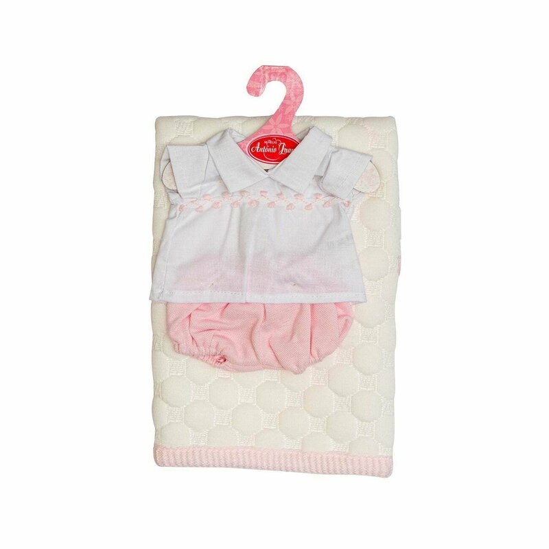 Antonio juan - hainute pentru papusi de 33 cm, rochita alba, pantaloni roz si paturica alba,