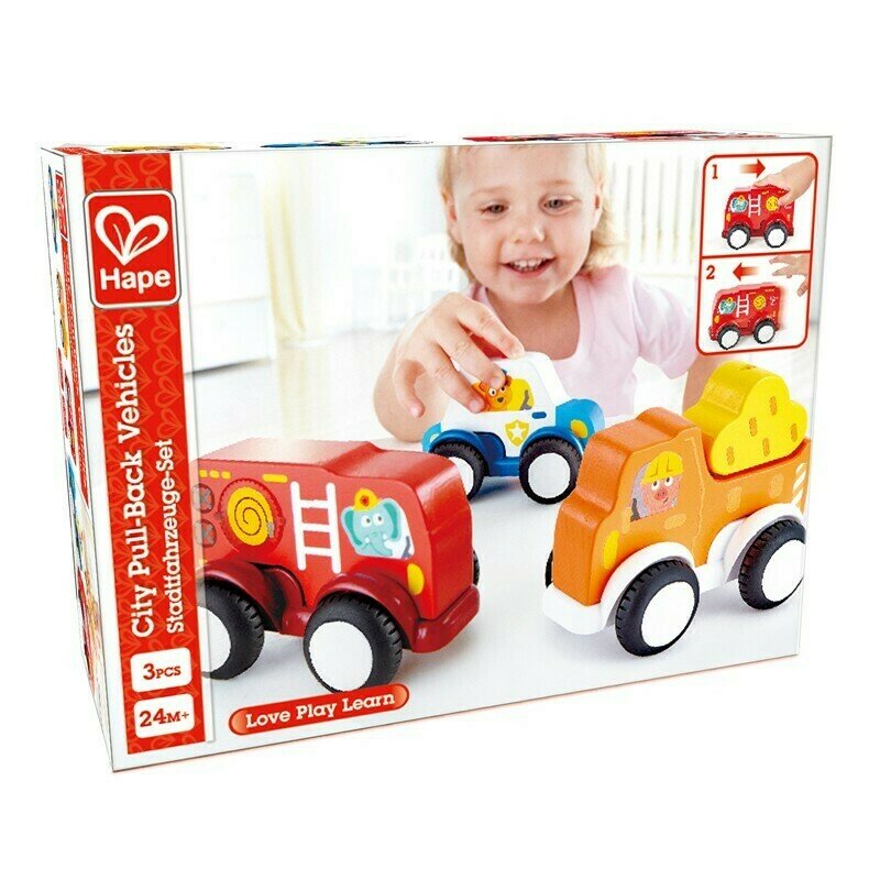 Hape - set 3 masinute cu motor pull-back
