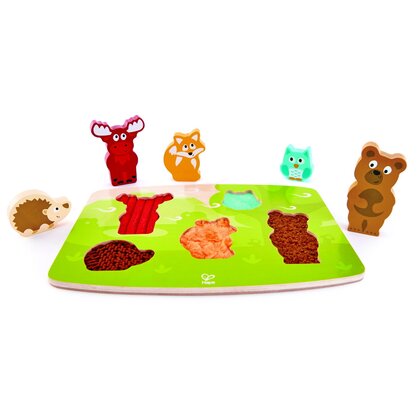 Hape - Puzzle din lemn Animalele din padure , Puzzle Copii,  Tactil, piese 5