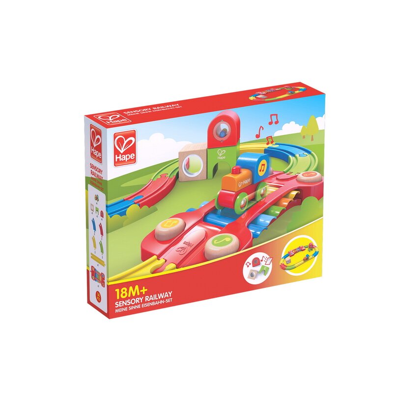 Hape - tren din lemn, cu sina senzoriala