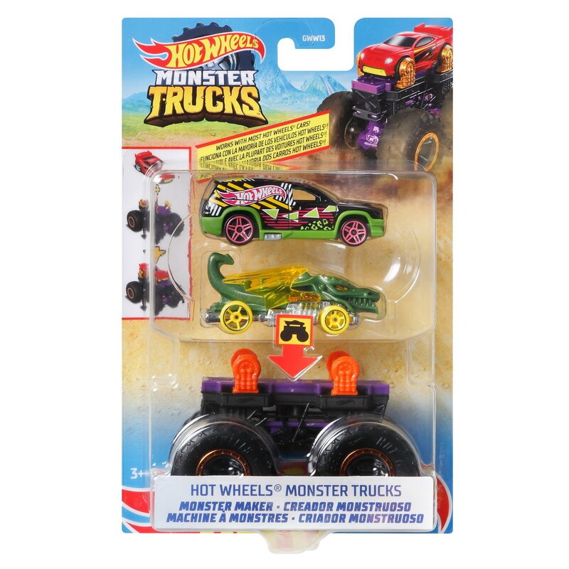 Mattel - hot wheels monster truck cu masinute verde si negru