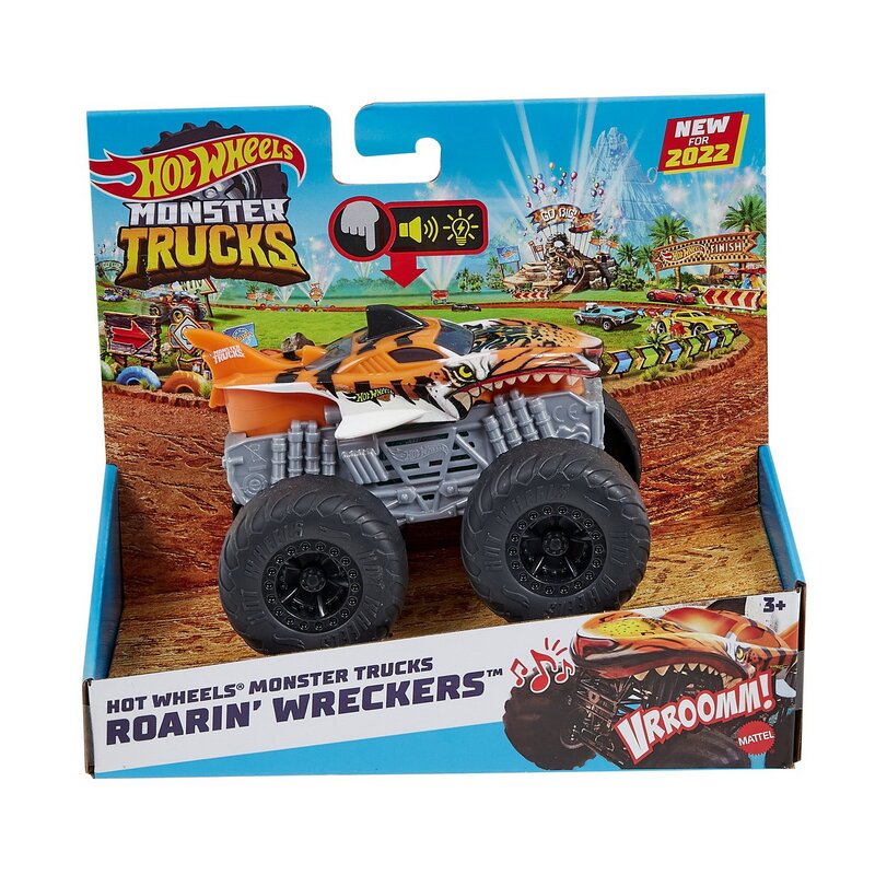 Hot wheels monster truck roarin wreckers tiger shark cu functii si sunete scara 1:43