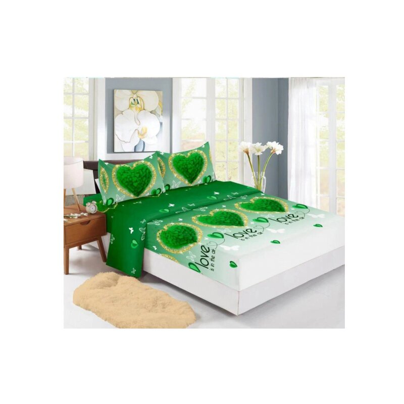 Somnart - Husa de pat Finet + 2 fete de perna, pentru saltea de 160x200 cm, inimi verzi