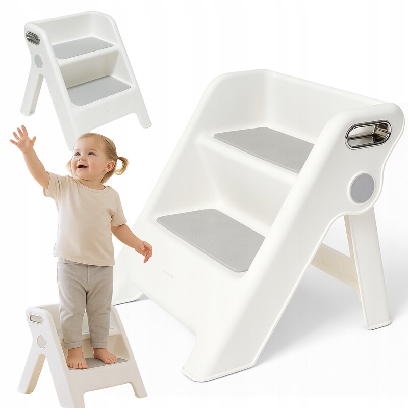 Inaltator scarita pliabil, Primabobo, Mia, Cu doua trepte, Colturi rotunjite, Manere ergonomice, Baza si trepte antiderapante, Capacitate 60 kg, 37x40x41 cm, Alb