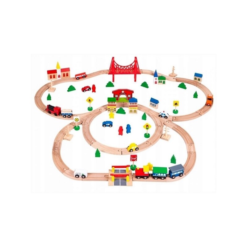 Ecotoys - tren din lemn circuit hm014665 cu 90 de piese, cu masinute