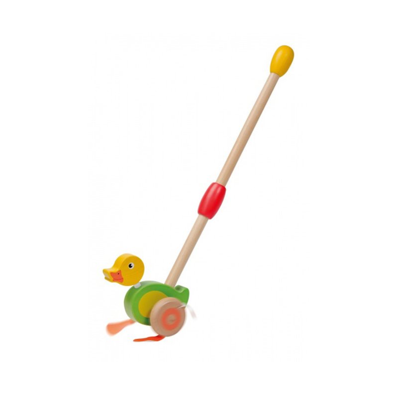 Joueco - jucarie din lemn ratusca, de impins, cu tija, 12 luni+, multicolor