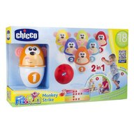 Joc bowling, Chicco, Monkey Strike, Cu 6 popice care pot fi impartite pe jumatate, Cu minge, Stimuleaza abilitatile motorii si de coordonare, 18 luni+, Multicolor