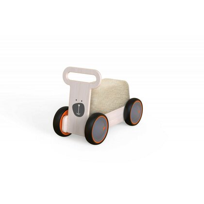 Jucarie din lemn 3 in 1 Ursulet DriveMe Soft: masinuta ride-on, premergator si carucior de jucarii MamaToyz