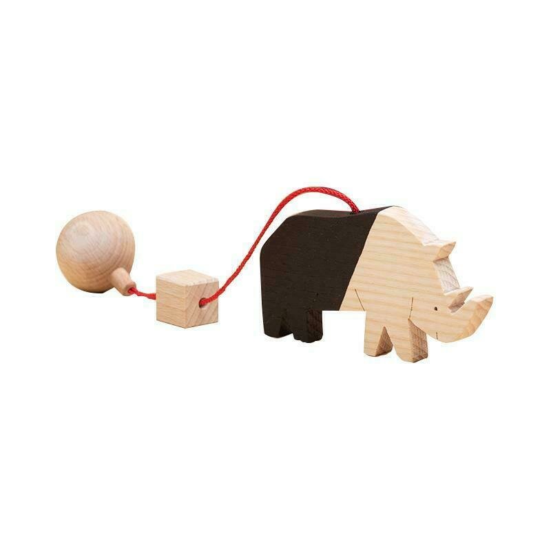 Mobbli - jucarie din lemn rinocer, natur-negru, pentru carusel / centru de activitati,