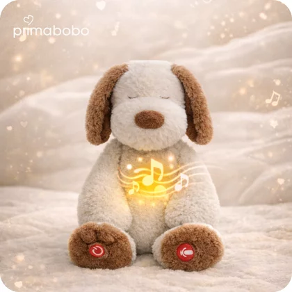 Jucarie din plus senzoriala, Primabobo, Catelus, 36 cm, Cu lumini ce simuleaza respiratia, Senzor pentru plans, Inregistrare vocala, Temporizator, 6 luni+, Bej
