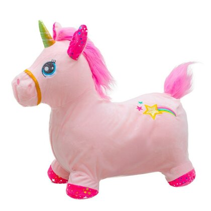 Jucarie gonflabila de plus cu sunete, Baby Mix, In forma de unicorn, Husa moale detasabila, Cu pompa inclusa, Pana la 70 kg, 36 luni+, Pink