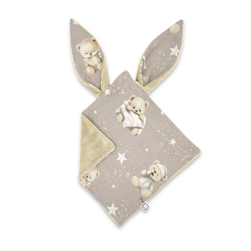 Jucarie textila senzoriala, MimiNu, Moale, Cu doua fete, 30 x 30 cm, Din tesatura minky si bumbac, Materiale certificate Oeko Tex Standard 100, Bedtime story beige