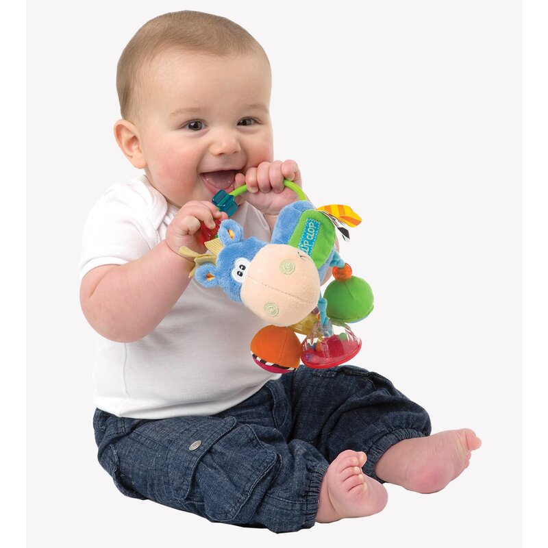 Jucarie zornaitoare si de dentitie cu activitati, cu jucarii de dentitie, cu margele, cu diferite texturi, clip clop activity rattle, 11 cm, playgro
