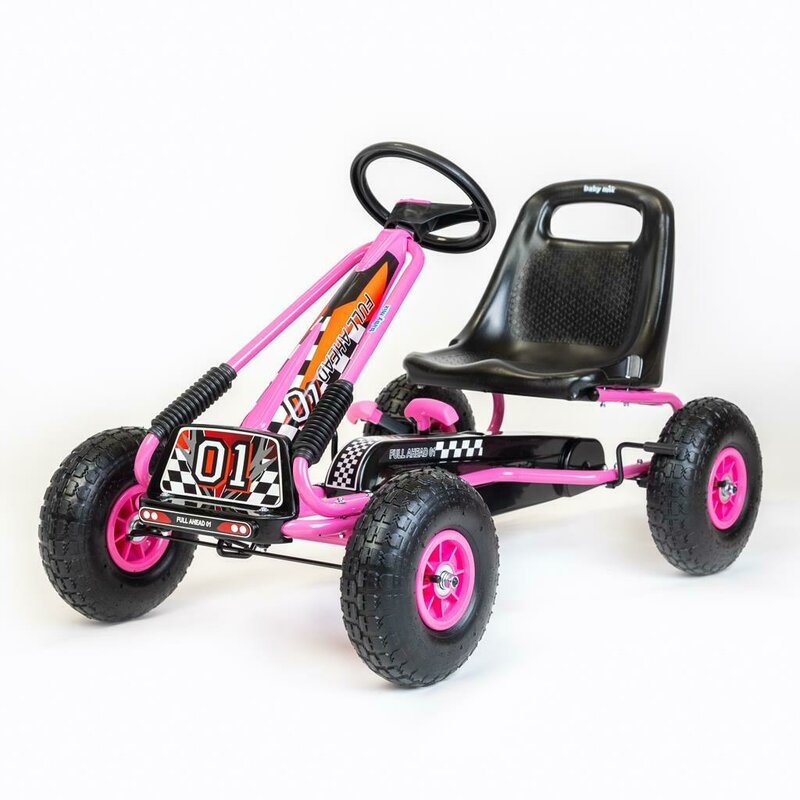 Kart cu pedale, Baby Mix, Go-Razor, Roti gonflabile, Ergonomic, Scaun jos in stil sport, Volan sport si frana de mana pe ambele roti din spate, 3-8 ani, Pink