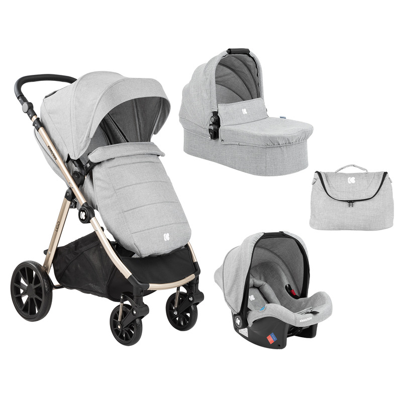Kikkaboo - carucior multifunctional, 3 in 1, ugo light, 0-15 kg, landou intarit si salteluta moale, cu geanta de mamici, protectie picioare pentru carucior si landou, spatar reglabil, gri