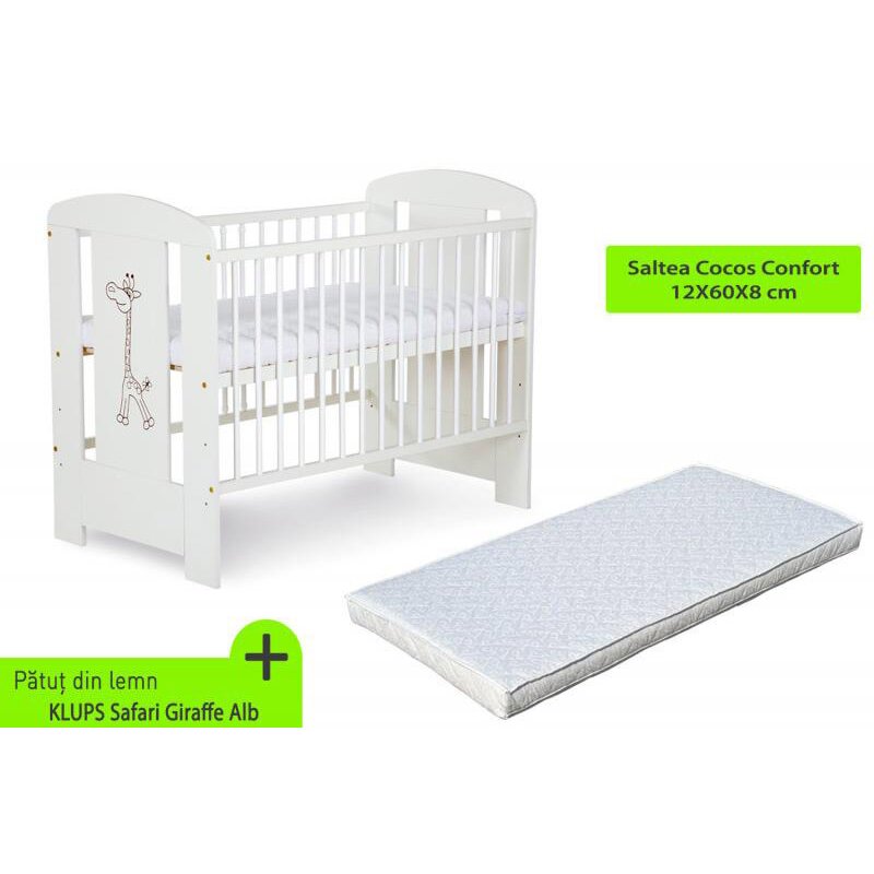 Klups patut fara sertar klups safari giraffe alb + saltea 8 mykids
