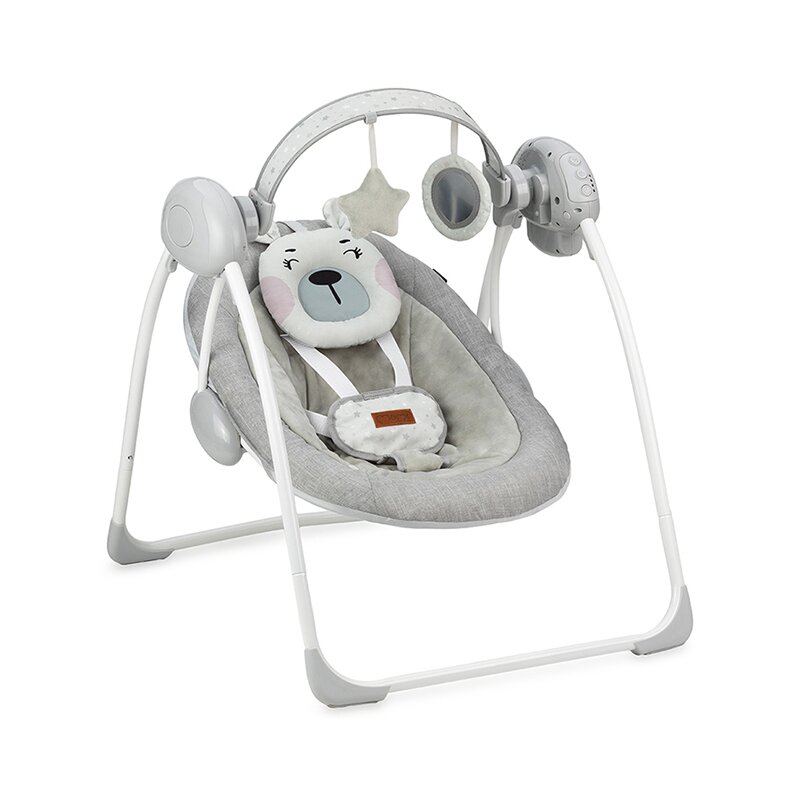 Leagan pentru bebelusi, momi liss bear pink, 5 viteze de balansare, cronometru, alimentare baterii, 8 melodii, 2 jucarii incluse, centura in 5 puncte