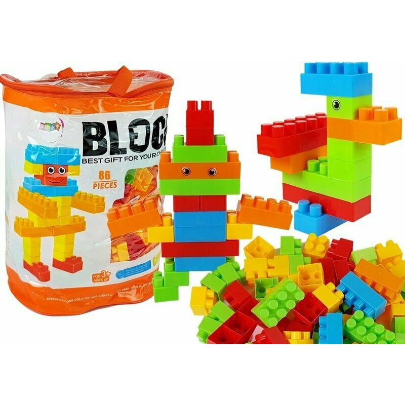 Lean toys - Blocuri de constructie, Set 86 piese, Cu plasa cu fermoar si maner, Multicolor