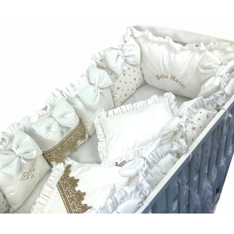 Deseda - lenjeria cu aparatori pat 140x70 cm din 13 pernute alb auriu lux by