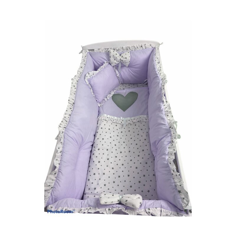 Deseda - lenjeria cu aparatori super groase si inimioara gri lila pal - stelute gri pe alb pat 120x60 cm