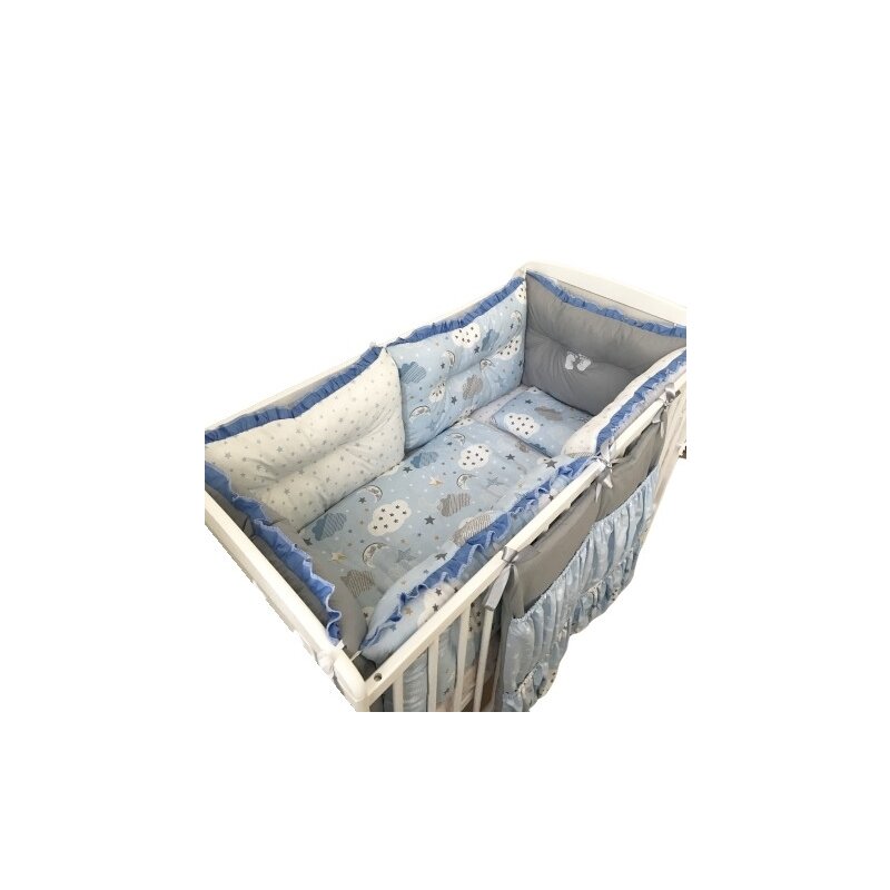 Deseda - lenjerie 10 piese cu 6 aparatori pufoase si buzunar pat 140x70 cm gri-norisori-stelute albastre