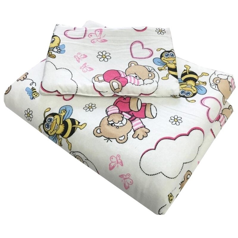 Deseda - lenjerie 3 piese din finet flannel pat 120x60 cm ursi cu albine roz