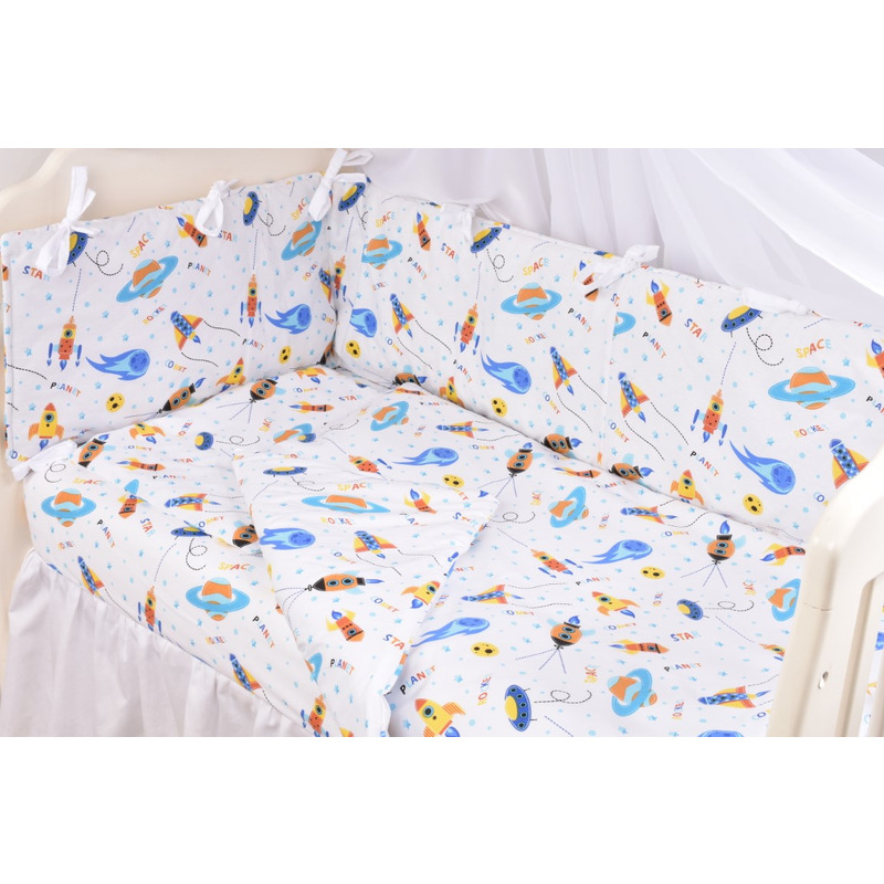 Lenjerie 6 piese patut 120x60 cm bumbac 100% model rachete si planete