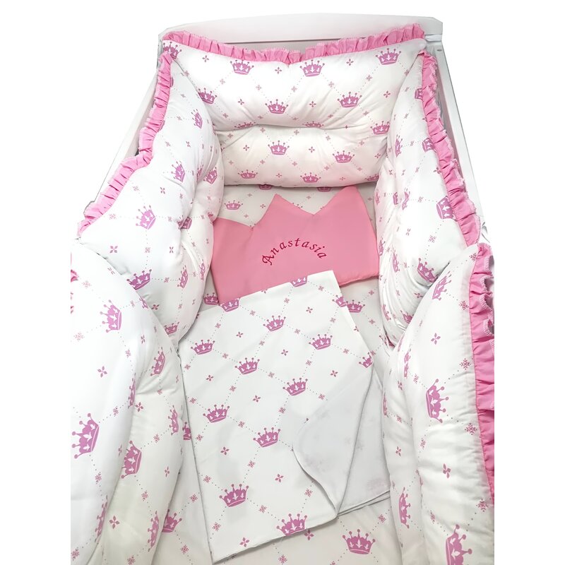Deseda - lenjerie cu 6 aparatori pufoase si paturica pat 140x70 cm coronita roz