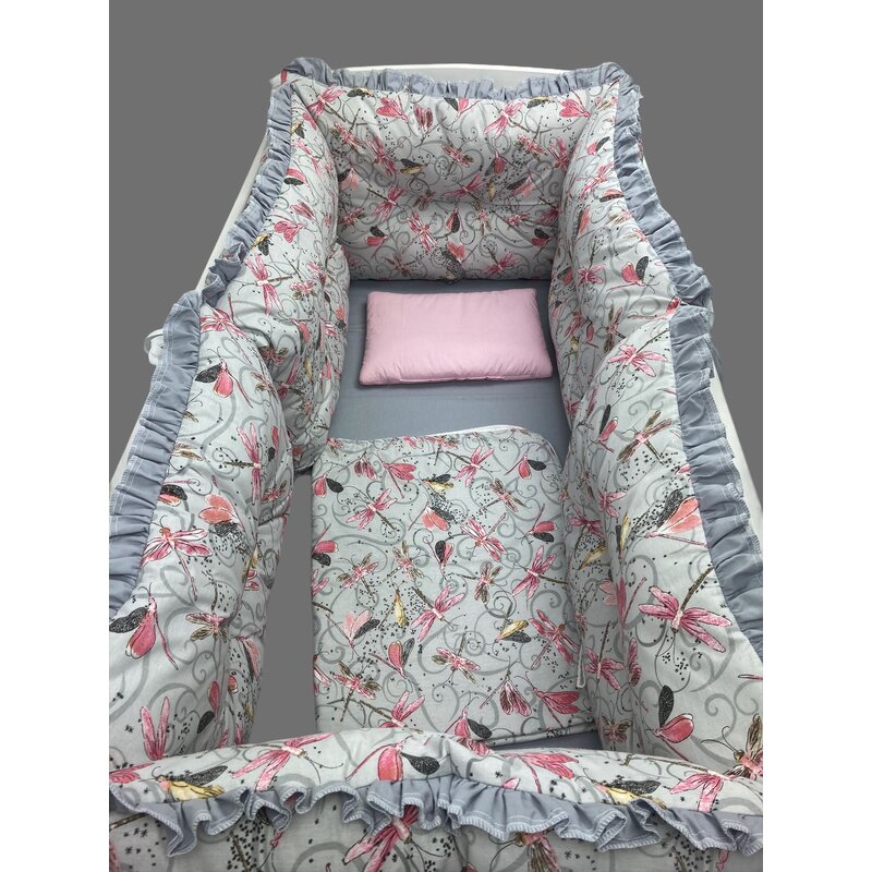 Deseda - lenjerie cu 6 aparatori pufoase si paturica pat 140x70 cm libelule pe gri