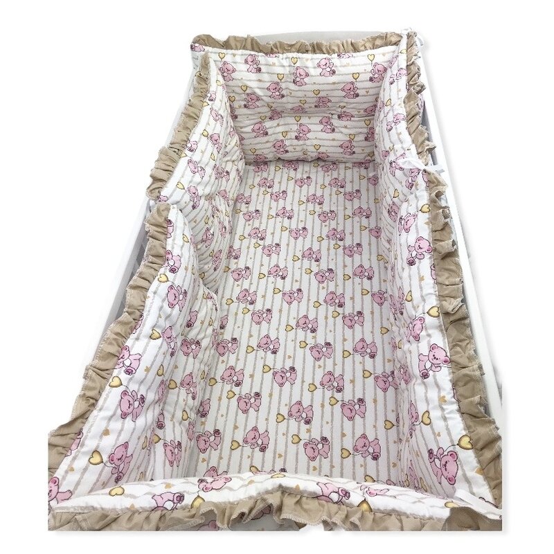 Deseda - lenjerie cu 6 aparatori pufoase si paturica pat 140x70 cm ursi cu inimioare roz