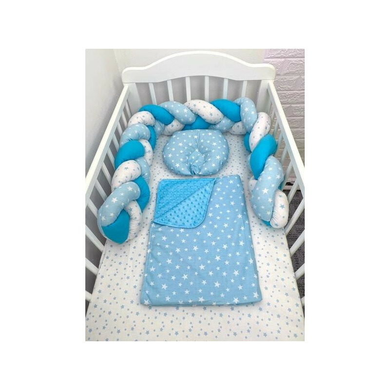 Lenjerie de pat 120x60 cm cu aparatoare împletită 180 cm mix stelute albastru