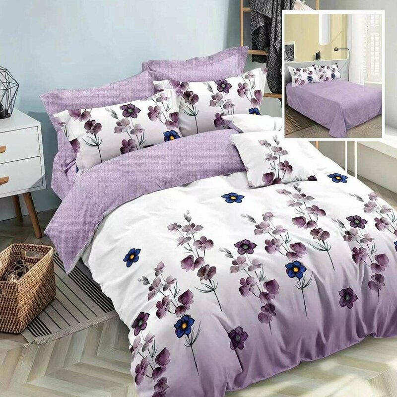 Somnart - lenjerie de pat finet 6 piese, cearceaf pat clasic, cearceaf pilota 200x230, 2 fete perna 50x70, 2 fete perna 70x70, extra, floricele mov