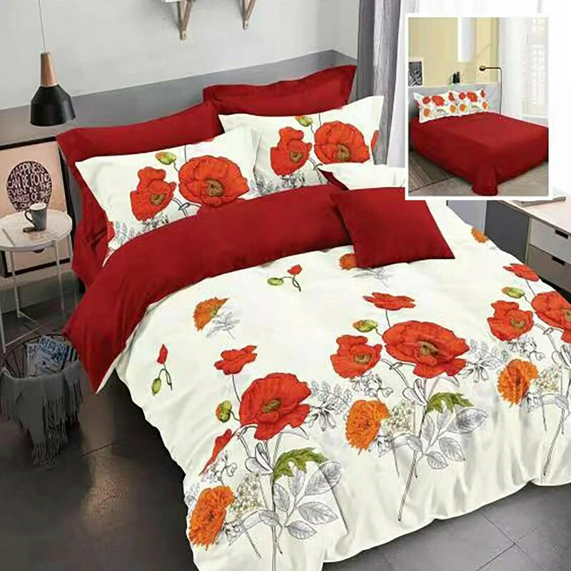 Somnart - lenjerie de pat finet 6 piese, cearceaf pat clasic, cearceaf pilota 200x230, 2 fete perna 50x70, 2 fete perna 70x70, extra, rosu cu maci rosii